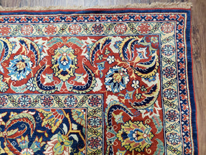 Square Turkish Mahal Rug 8 x 8.5, Colorful Square Carpet, Large 8ft Square Rug, Blue Red Yellow, Handmade Wool, Vintage, Large Flowers, Nice