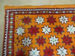 Vintage Moroccan Rug 4x5, Orange Ivory Red, Geometric Stars, Repeated Motif Allover, Hand Knotted Soft Wool Area Rug, Tribal Oriental Carpet