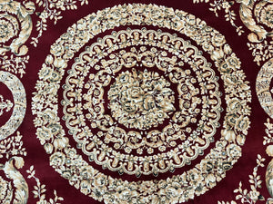 Aubusson Rug 9x12, Wool Handmade Carpet, Elegant French European Design, Dark Maroon Red, 9 x 12 Room Sized Rug, Finely Hand Knotted