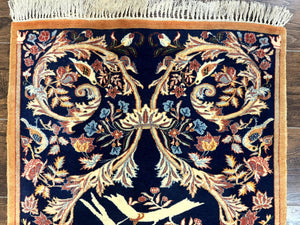 Persian Isfahan Rug 2x4, Birds, Navy Blue, Kork Wool on Silk Foundation, 460 KPSI