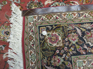 Persian Tabriz Rug 7x10, Floral Medallion Finely Hand Knotted Vintage Authentic Oriental Carpet 7 x 10, Salmon Color, 400 KPSI Elegant, Wool & Silk