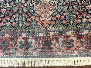 Silk Indian Kashmiri Rug 4x6, Tree of Life Pattern, Birds, Fine 290 KPSI, Navy Blue and Red, Handmade Oriental Carpet