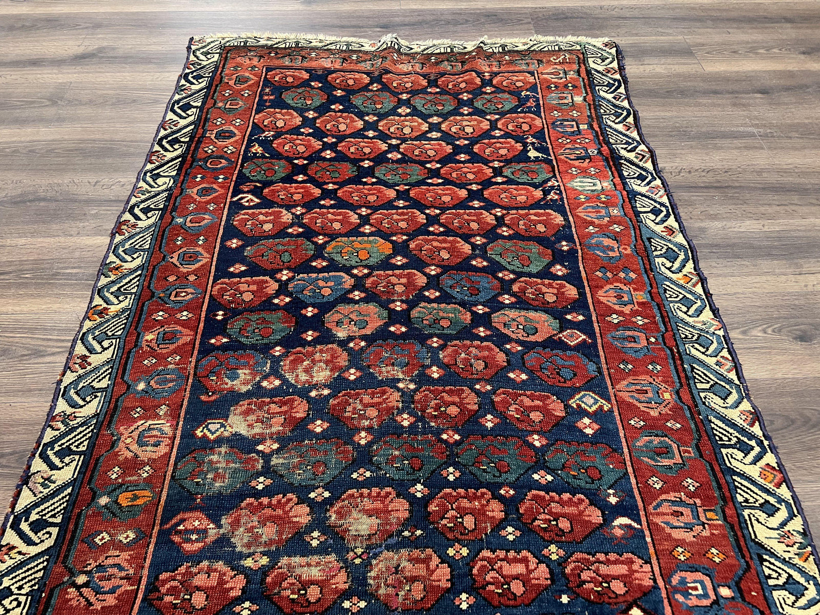 Antique Seychour Rug 4x7, Collectible Kuba Caucasian Carpet, Wool Handmade, Red Navy Blue Cream, Repeated Allover Motif, Early 20th Century