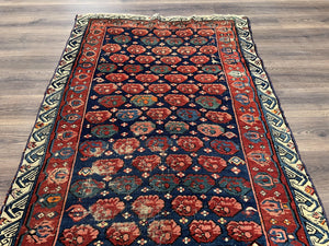 Antique Seychour Rug 4x7, Collectible Kuba Caucasian Carpet, Wool Handmade, Red Navy Blue Cream, Repeated Allover Motif, Early 20th Century