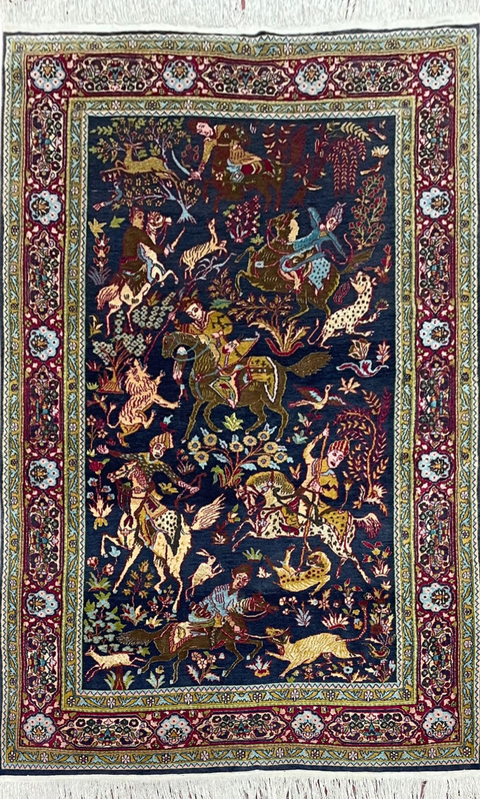 Indian Kashmiri Wool & Silk Rug 4x6 ft, Hunting Scene, Midnight Blue, Hand-Knotted, Archers, Swords, Horses, Vintage Antique Oriental Carpet