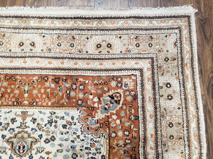 6x9 Vintage Indo-Persian Area Rug, Wool Hand-Knotted Carpet, Ivory & Squash Orange, Floral Medallion Tribal Rug, Indian Carpet, Decorative