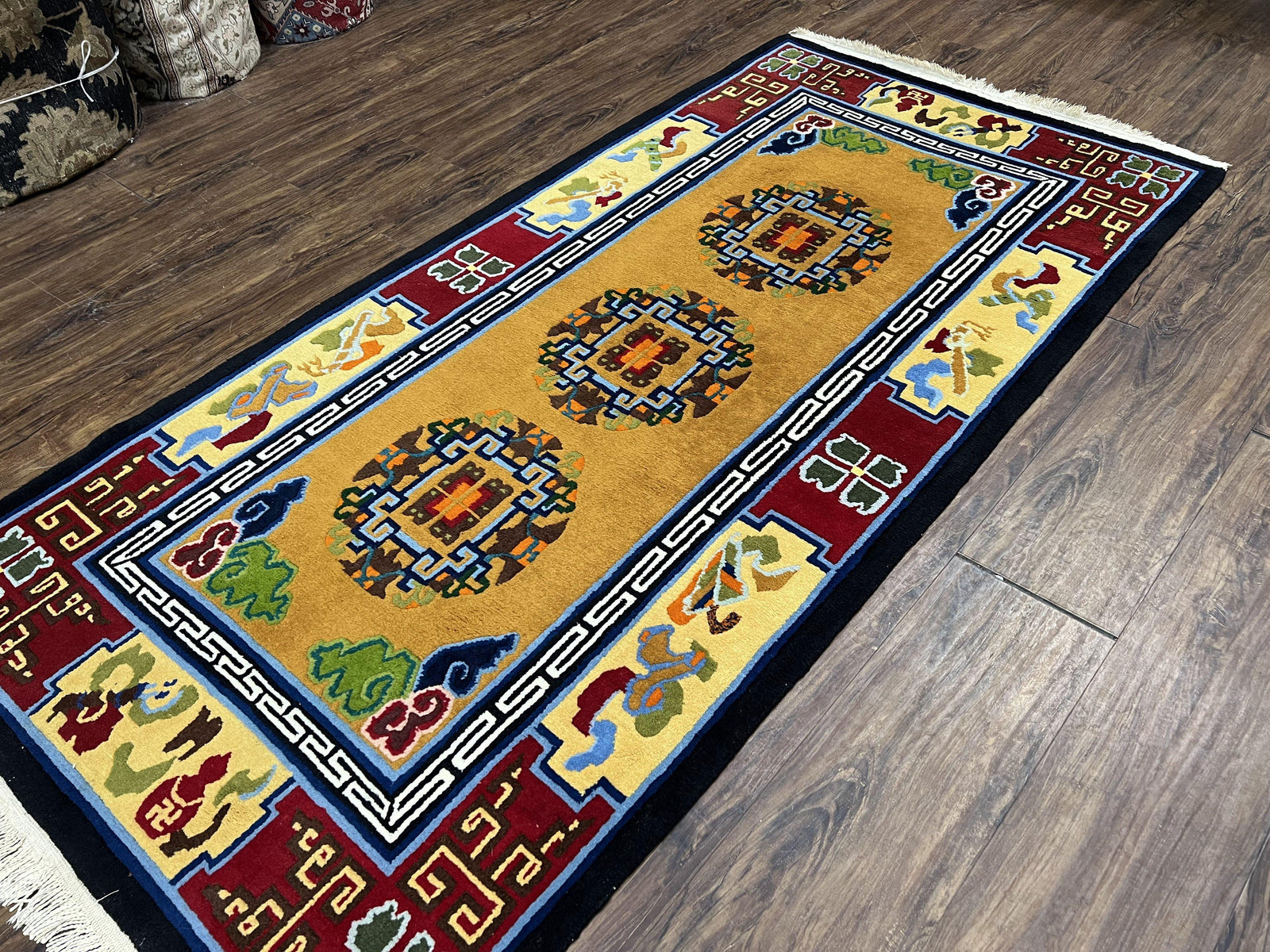 Vintage Chinese Art Deco Rug 3x6, Orange Dark Blue Maroon Chinese Peking Carpet, Asian Oriental Wool Rug, Bold Colors, Bedroom Rug, Hallway