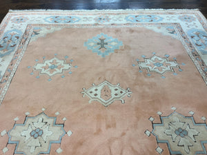 Turkish Oushak Rug 9x12, Wool Hand Knotted Vintage Carpet, Peach Cream Light Blue Room Sized Oriental Rug
