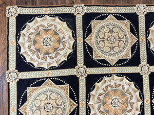 Needlepoint Rug 8x10, Black Tan Beige, Panel Design, Wool Handwoven Handmade Flatweave Needlepoint Carpet, Vintage French European Rug