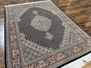 Persian Tabriz Rug 5x7, Wool with Silk Highlights, Hand Knotted Vintage Oriental Carpet, Very Fine, Herati Mahi Pattern, Black, Rare
