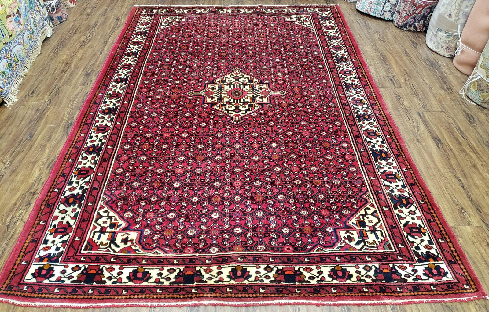 Vintage Persian Hamedan Rug 7x10, Angelas Mahi Pattern, Red, Wool, Hand-Knotted