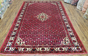Vintage Persian Hamedan Rug 7x10, Angelas Mahi Pattern, Red, Wool, Hand-Knotted