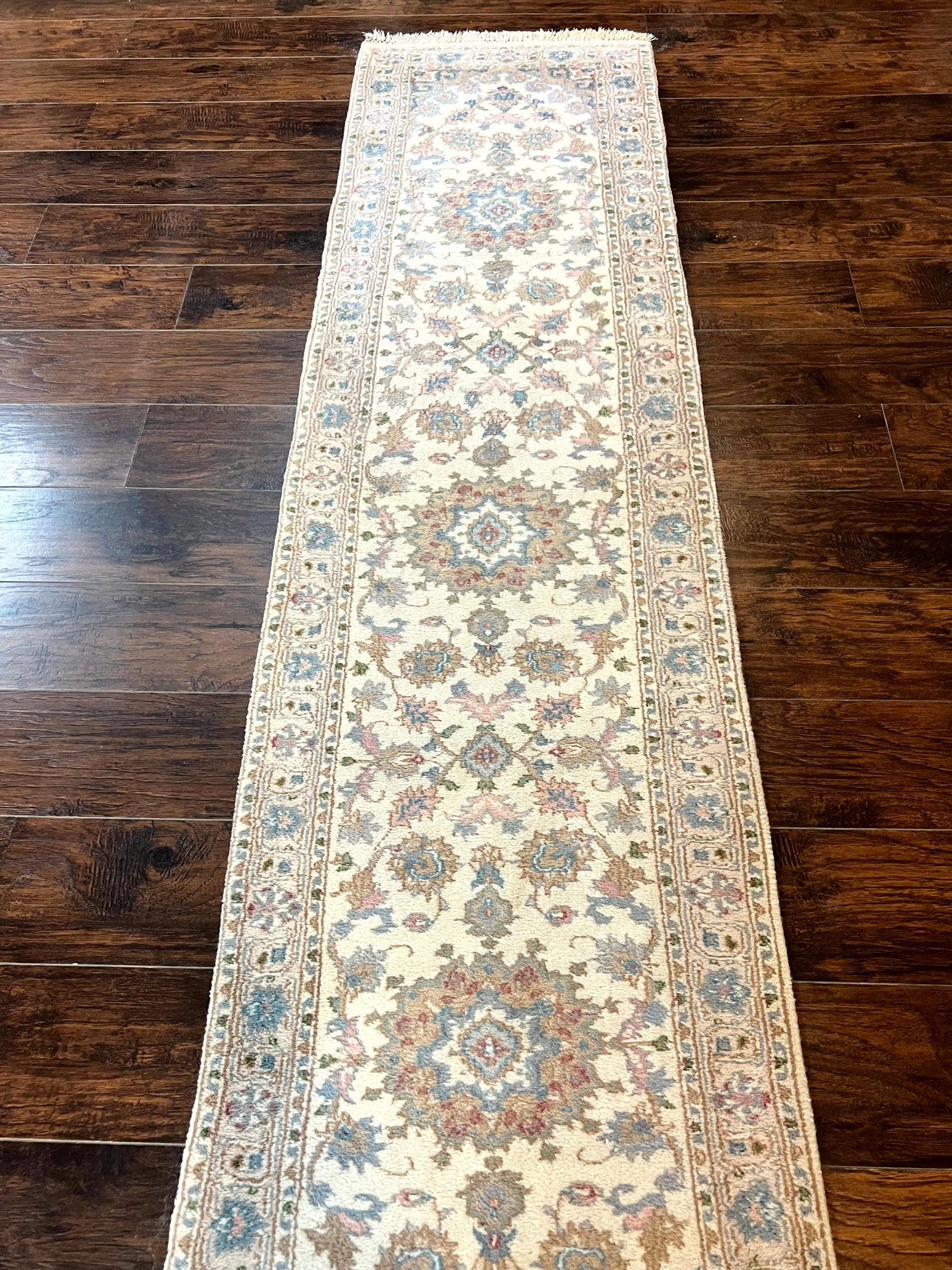 Indo Persian Runner Rug 2.5 x 9.5, Handmade Vintage Wool Rug for Hallway, Floral, Ivory