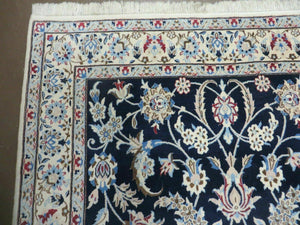 Persian Nain Rug 4x7, Navy Blue and Ivory, Handmade, Wool & Silk Highlights, Fine Oriental Rug, Vintage