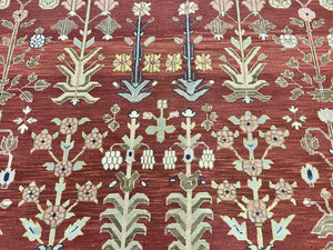 Indian Rug 10x14, Wool Hand Knotted Flatweave Carpet, Tree of Life, Red and Green
