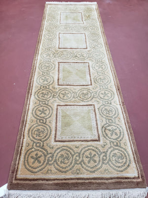 Vintage Tibetan Runner Rug 2.6 x 7.9 ft, Wool Hand-Knotted Nepali Carpet, Cream & Brown Tibetan Hallway Rug, Corridor Rug 2.5x7 - 3x8, Soft