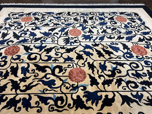 Antique Chinese Peking Rug 10x14, Beige Black, Handmade Wool Art Deco Carpet