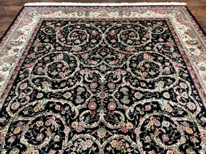 Black Pak Persian Rug 8x11, Floral Pattern, Hand Knotted Vintage Wool Rug with Silk Highlights, Fine 200 KPSI
