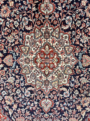 Indo Persian Rug 10x15, Floral Allover, Handmade Vintage Wool Carpet, Dark Blue Ivory Red, Palace Size Traditional Rug