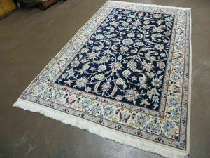Persian Nain Rug 4x7, Navy Blue and Ivory, Handmade, Wool & Silk Highlights, Fine Oriental Rug, Vintage