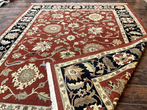 Indian Mahal Rug 8x10, Room Sized Wool Handmade Vintage Carpet, Red and Black, Floral, Flatweave Mahal Sultanabad Rug
