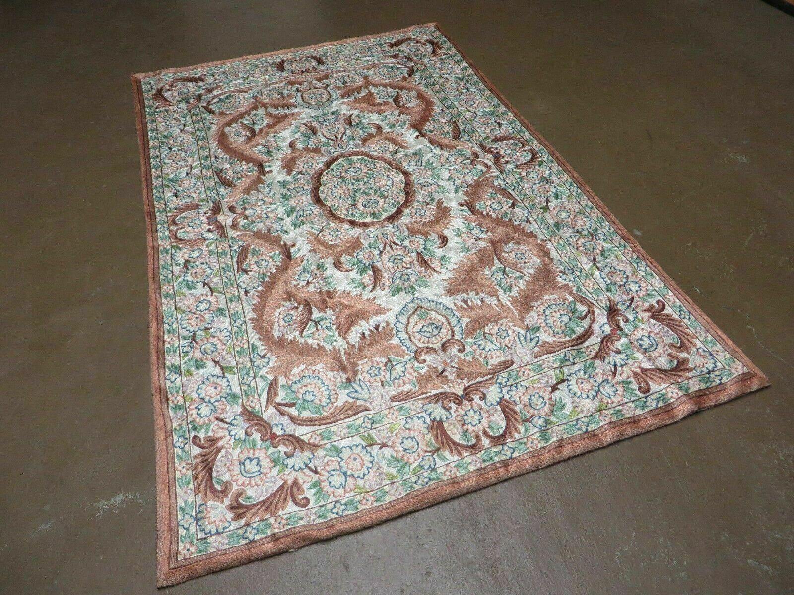 4' X 6' Vintage Embroidery Hand Stitched Rug Silk On Cotton India Backing Nice
