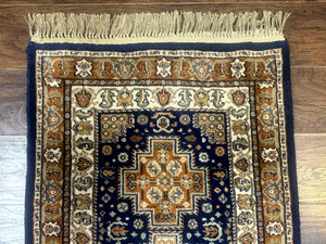 Indo Persian Runner Rug 2.6 x 12.7, Indian Kashmiri Runner for Hallway or Kitchen, Navy Blue, Geometric Medallions, Handmade Wool