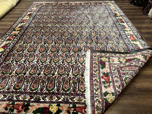 Persian Kurdish Rug 8x11, Repeated Allover Boteh Paisley Design, Bird Pictorials, Rare Antique Sannadaji Carpet