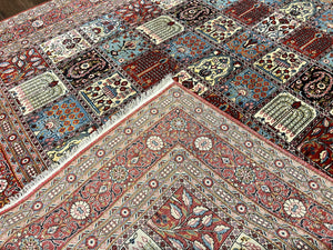 Persian Qum Rug 9x13, Multicolor Panel Design, Red Blue Cream, Hand Knotted Vintage Large Wool Rug