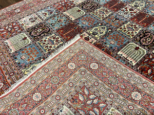 Persian Qum Rug 9x13, Multicolor Panel Design, Red Blue Cream, Hand Knotted Vintage Large Wool Rug