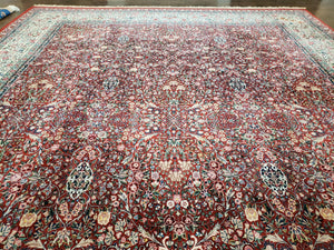 Oversized Pak Persian Rug 11x15, Large Wool Palace Carpet, Red and Ivory, Millefleur Allover Floral Pattern, Vintage Handmade Oriental Rug