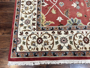 Indo Persian Rug 9x12, Wool Hand Knotted Vintage Carpet, Red & Ivory, Floral Allover, 9 x 12 Room Sized Rug