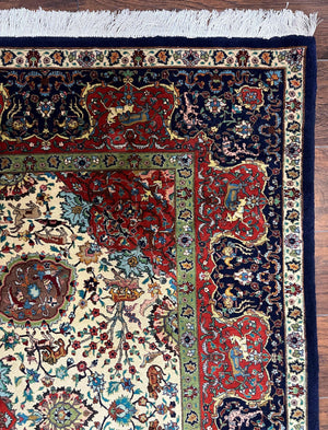 Wonderful Sino Persian Rug 6x10 with Animal Pictorial Motifs, Cream Dark Red Navy Blue, Birds Gazelles, Two Medallions, Top Quality Handmade