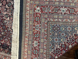 Indo Persian Bidjar Rug 8x11, Herati Mahi Pattern, Red Navy Blue, Handmade Vintage Wool Carpet