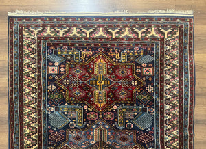 Indian Rug with Caucasian Design, 4x6 Geometric Carpet, Navy Blue and Cream
