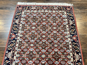 Indo Persian Rug 3x5, Red and Navy Blue, Wool Vintage Handmade Small Carpet 3 x 5 ft, Herati Pattern, Bidjar Rug