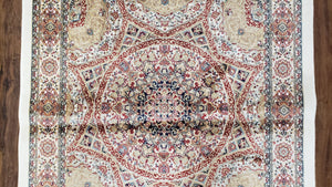 Persian Design Silk Accent Rug, Dome Medallion, Allover Pattern Oriental Carpet, Small Silk Rug, Cream, Ivory, Bamboo Silk, 2' 8" x 4' 1"