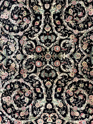 Black Pak Persian Rug 8x11, Floral Pattern, Hand Knotted Vintage Wool Rug with Silk Highlights, Fine 200 KPSI