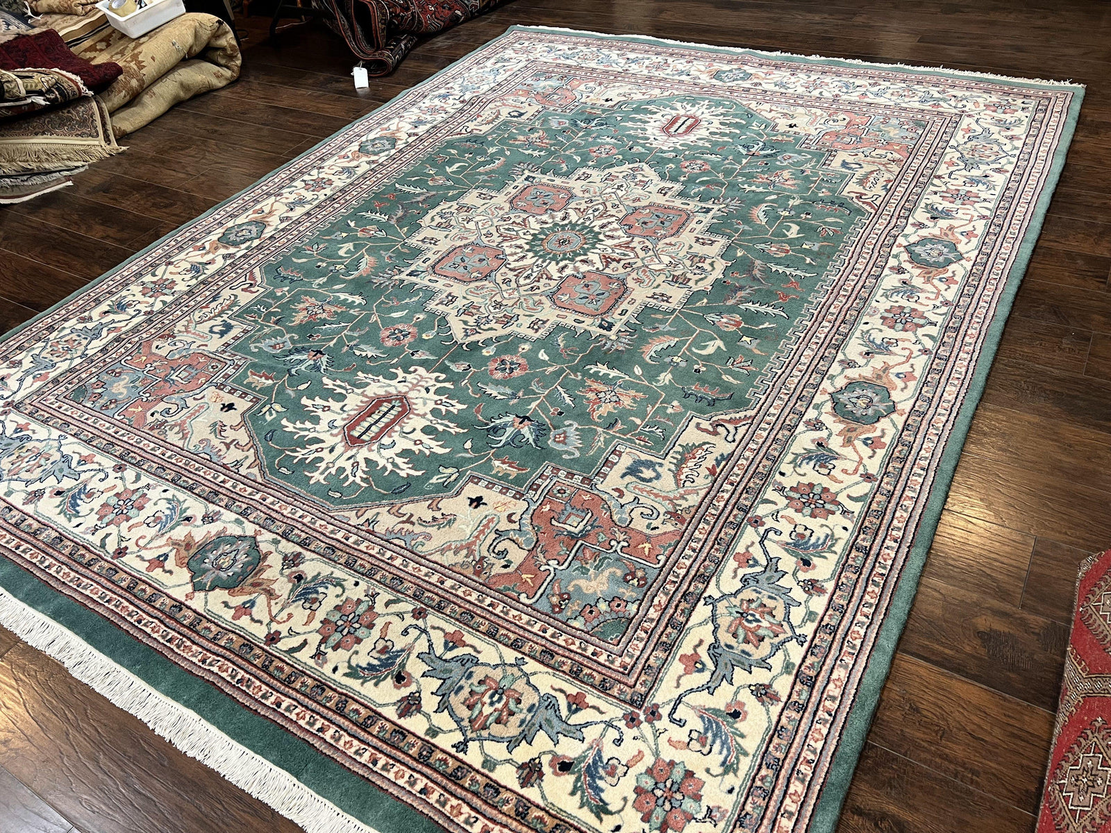 Indo Heriz Rug 9x12, Geometric Oriental Carpet, Room Sized Wool Handmade Hand Knotted Vintage Green and Cream Area Rug, Indian Rug 9 x 12