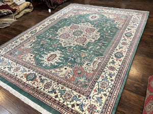 Indo Heriz Rug 9x12, Geometric Oriental Carpet, Room Sized Wool Handmade Hand Knotted Vintage Green and Cream Area Rug, Indian Rug 9 x 12