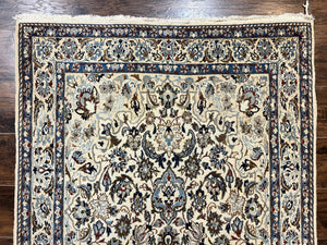 Persian Nain Rug 4x7, Floral Medallion Oriental Carpet 4 x 7 ft, Ivory Persian Rug, Handmade Hand Knotted Vintage, Wool & Silk Highlights, Birds