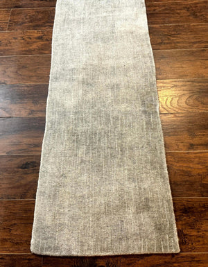 Modern Tibetan Runner Rug 1.9 x 8.6, Wool and Silk Highlights, Gray/Silver, Narrow Runner for Hallway or Kitchen