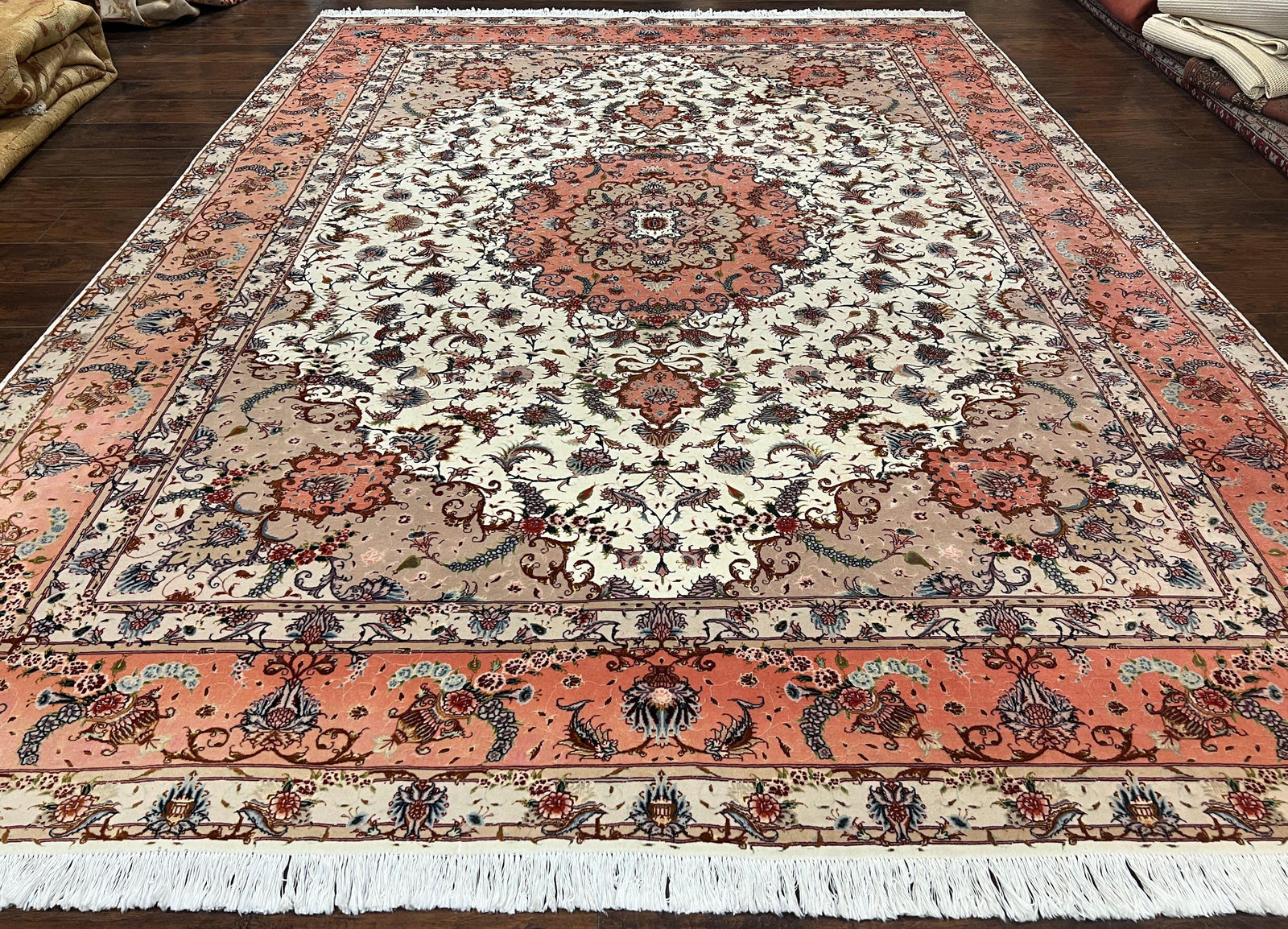 Wonderful Persian Tabriz Rug 9x12, Floral Medallion, Ivory and Salmon Red, Hand Knotted, Wool with Silk Accents, Very Fine Vintage Oriental Carpet