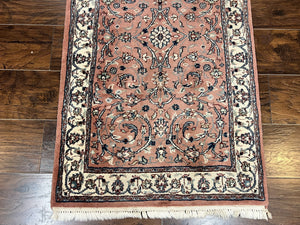 Indo Persian Runner Rug 2.6 x 10, Wool Hand Knotted Vintage Oriental Carpet, Pink & Ivory, Floral Allover, Hallway Rug