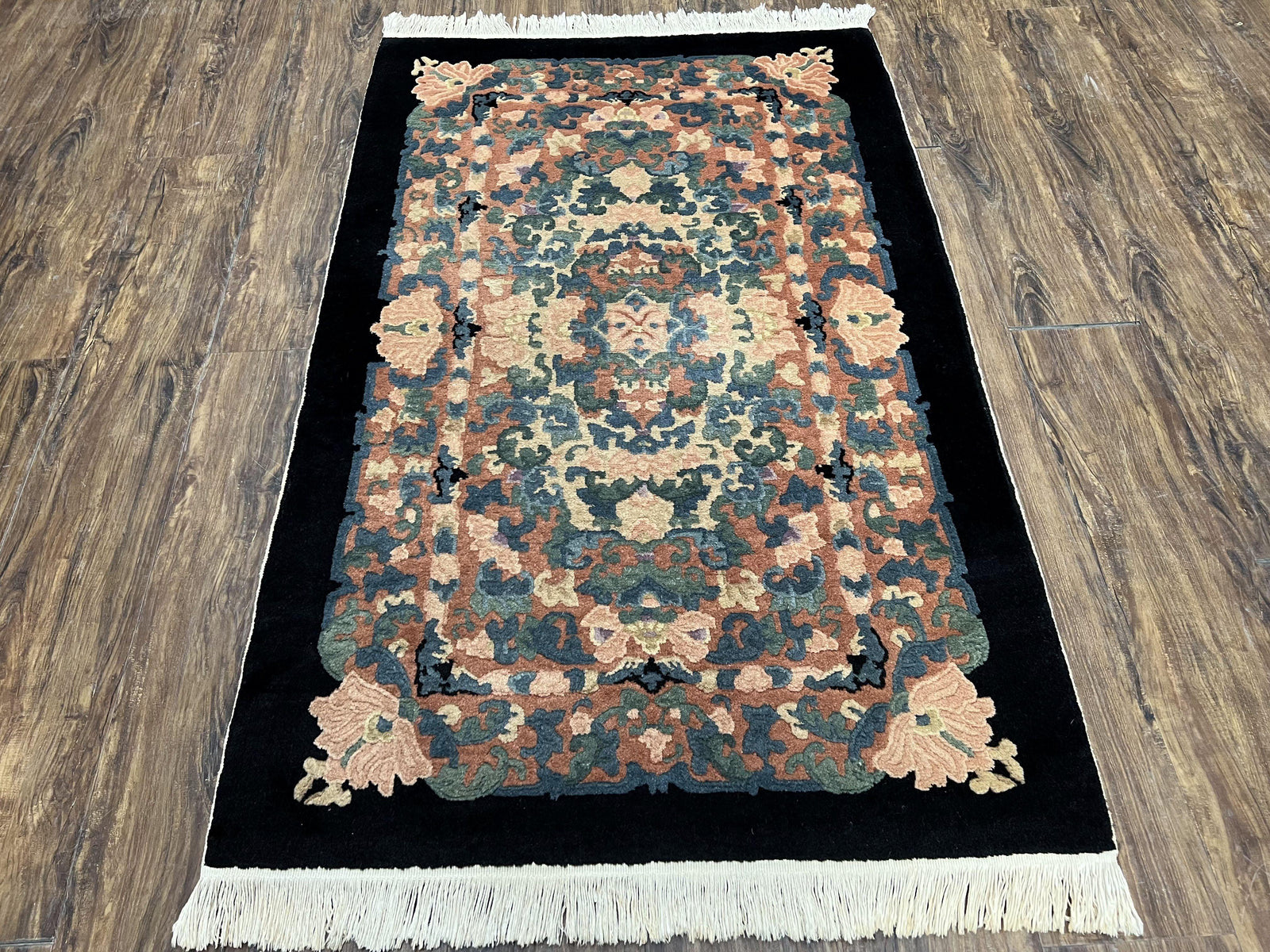 Chinese Art Deco Rug 3x5, Black and Beige Chinese Carpet 3 x 5, Vintage Rug, 1950s Rug, Floral Rug, Handmade Rug, Art Deco Rug, Wool Rug