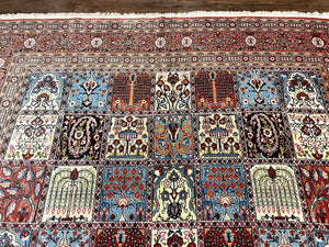 Persian Qum Rug 9x13, Multicolor Panel Design, Red Blue Cream, Hand Knotted Vintage Large Wool Rug