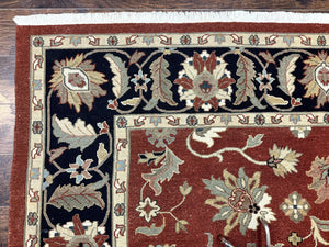 Indian Mahal Rug 8x10, Room Sized Wool Handmade Vintage Carpet, Red and Black, Floral, Flatweave Mahal Sultanabad Rug