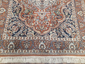 Antique Indian Kashmiri Area Rug 4x6, Wool Hand-Knotted Red & Ivory Floral Medallion Persian Carpet, Vintage Oriental Entryway Rug 4 x 6
