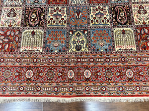 Persian Qum Rug 9x13, Multicolor Panel Design, Red Blue Cream, Hand Knotted Vintage Large Wool Rug