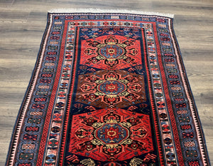 Antique Caucasian Seychour Rug 3.7 x 5.5, Collectible Oriental Carpet, Navy Blue and Red, Fine Kuba Rug, Vintage Rug, Wool Hand Knotted Rug